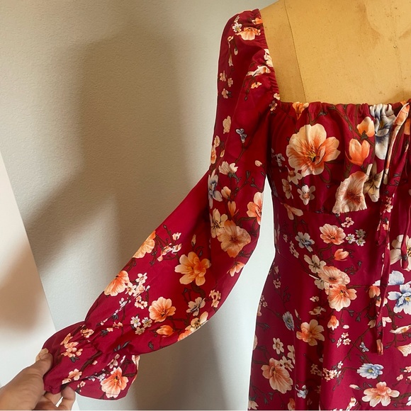 SHEIN- SZ M Maroon Floral Print Square Neck Flounce Sleeve Split Thigh Dress - Picture 3 of 7
